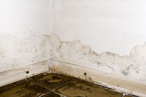 Betongvegg og gulv med vannskader